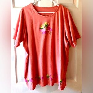 Dreams Co. Coral Fuchsia Pink Green Flamingo Palm Tree All Cotton Tee Shirt 1X